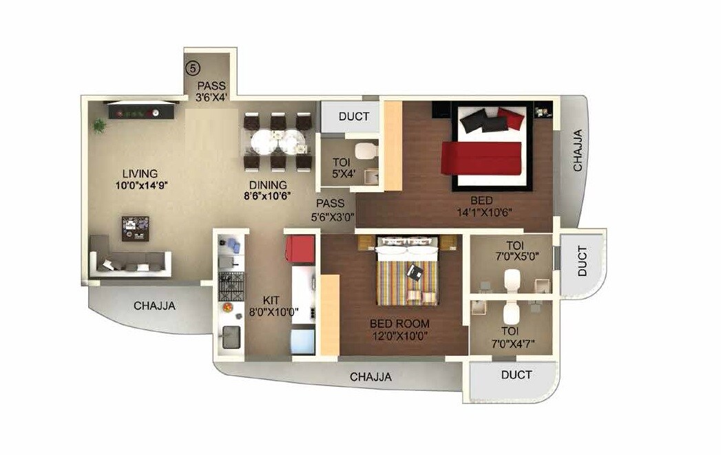 Floor plan of 2 BHK 749 Sq. Ft. Apartment in Laxmi Callista, Mumbai