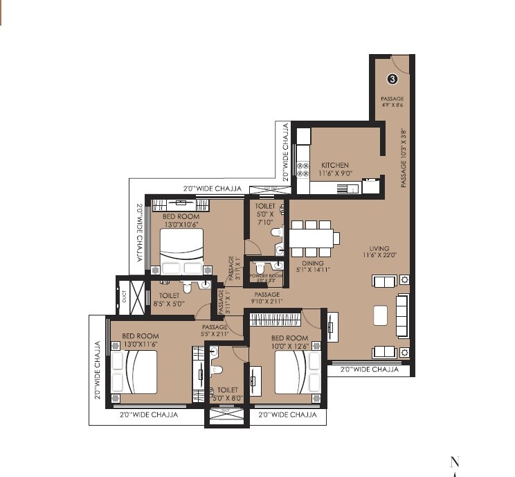 Floor plan of 3 BHK 1174 Sq. Ft. Apartment in Laxmi Raajvilas, Mumbai