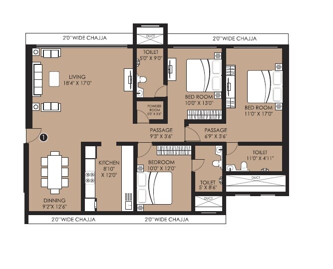 Floor plan of 3 BHK 1238 Sq. Ft. Apartment in Laxmi Raajvilas, Mumbai