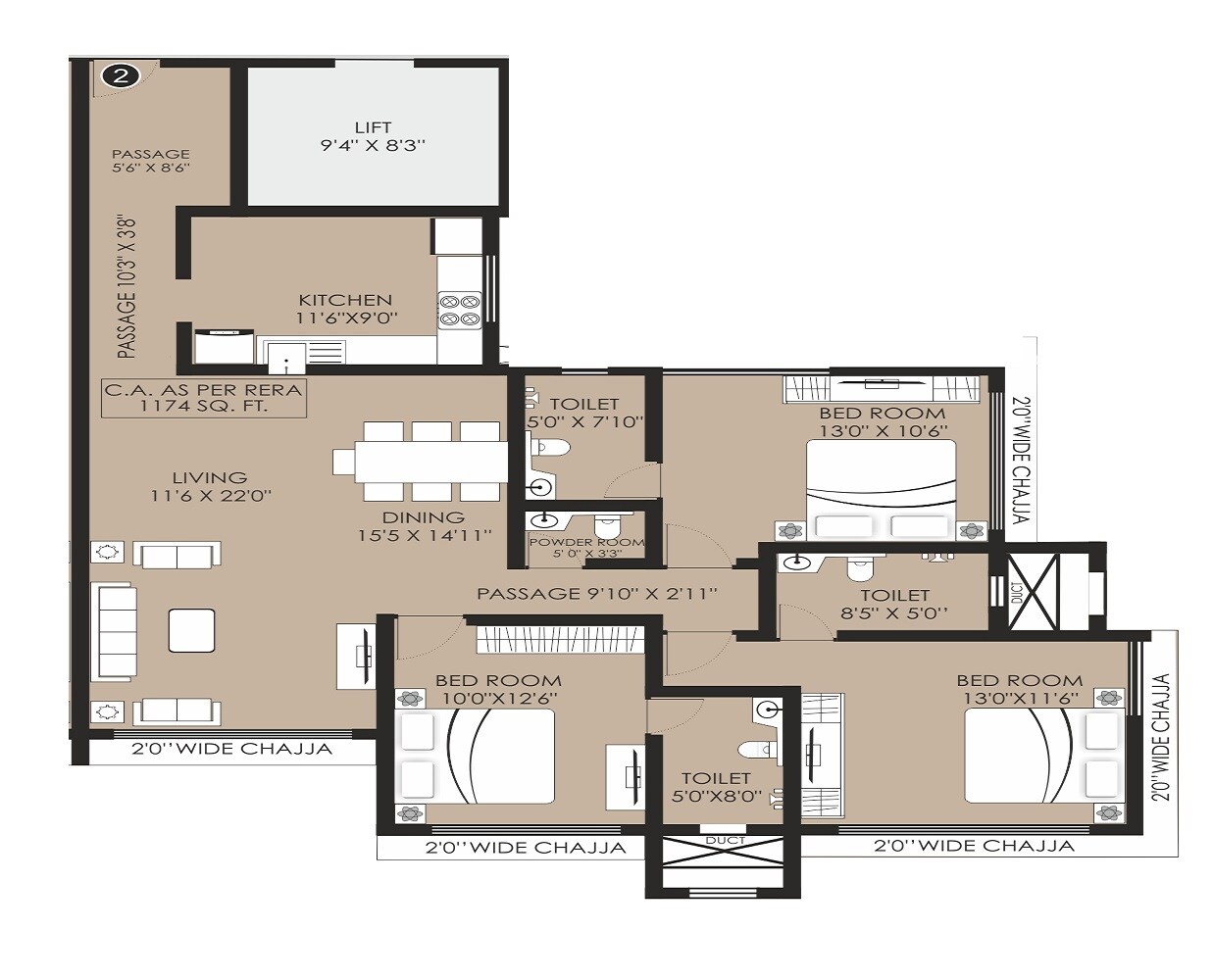 Floor plan of 3 BHK 1174 Sq. Ft. Apartment in Laxmi Raajvilas Malad, Mumbai