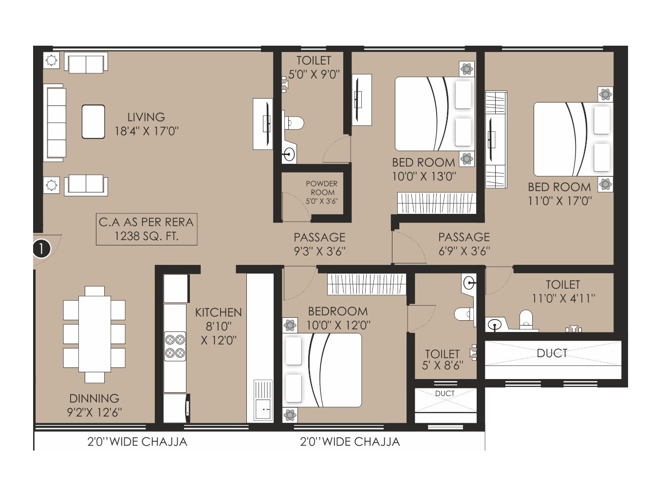 Floor plan of 3 BHK 1238 Sq. Ft. Apartment in Laxmi Raajvilas Malad, Mumbai