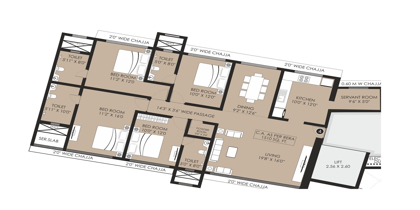 Floor plan of 4 BHK 1510 Sq. Ft. Apartment in Laxmi Raajvilas Malad, Mumbai