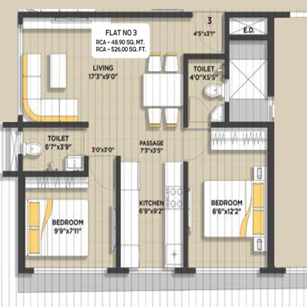 Floor plan of 2 BHK 526 Sq. Ft. Apartment in Laxmidevi Luxury CHS, Mumbai