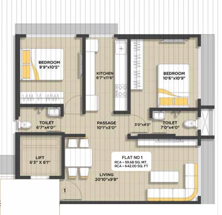 Floor plan of 2 BHK 642 Sq. Ft. Apartment in Laxmidevi Luxury CHS, Mumbai