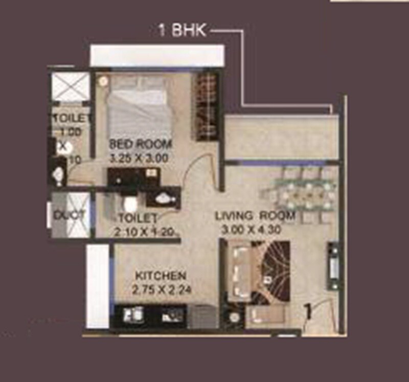 Floor plan of 1 BHK 434 Sq. Ft. Apartment in LD Viceroy, Mumbai