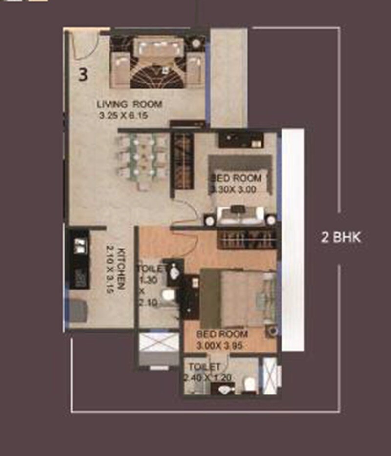 Floor plan of 2 BHK 664 Sq. Ft. Apartment in LD Viceroy, Mumbai