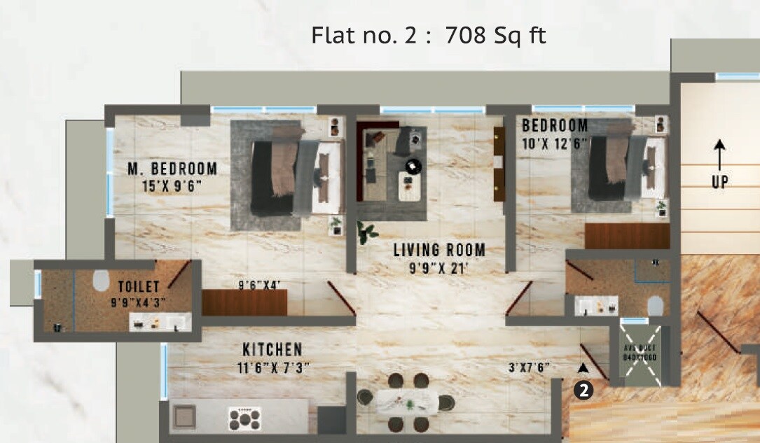 Floor plan of 2 BHK 708 Sq. Ft. Apartment in Lekh Residency, Mumbai