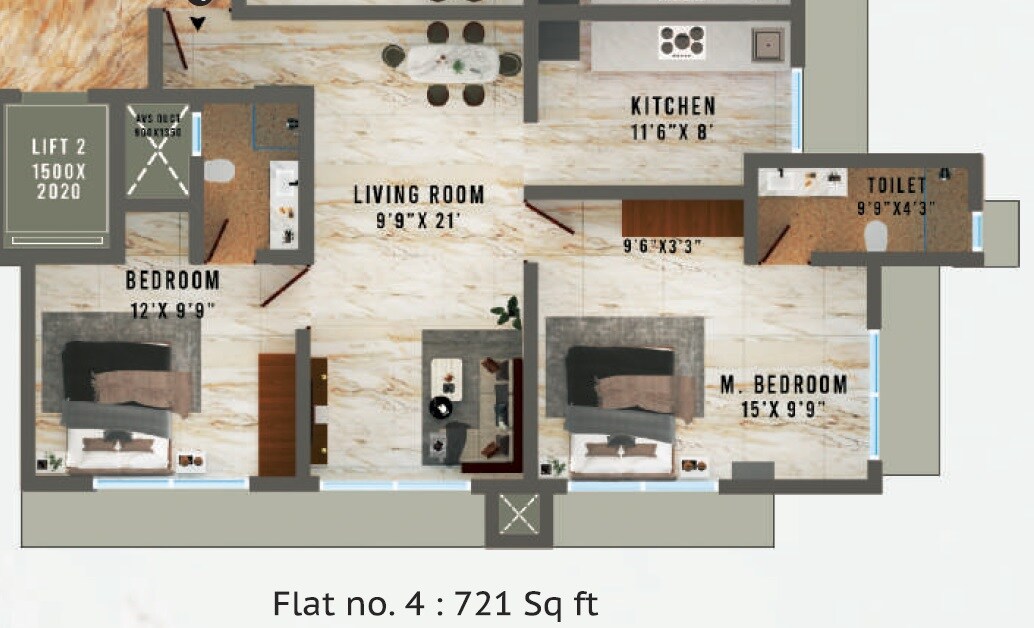 Floor plan of 2 BHK 721 Sq. Ft. Apartment in Lekh Residency, Mumbai