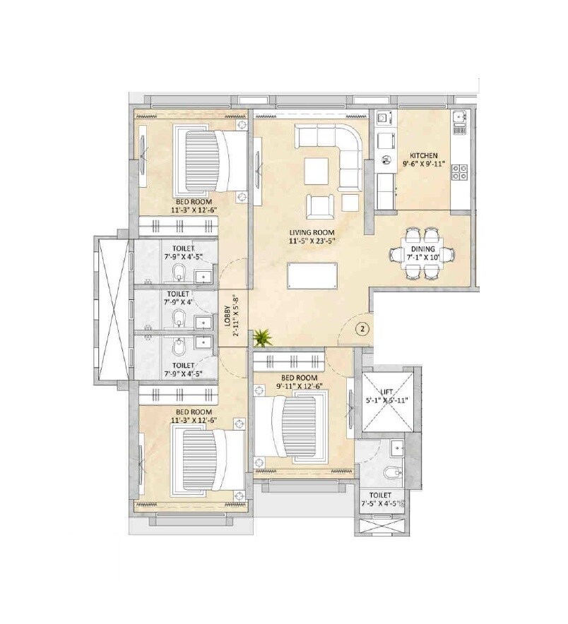 Floor plan of 3 BHK 1069 Sq. Ft. Apartment in Level Pali Vintage, Mumbai