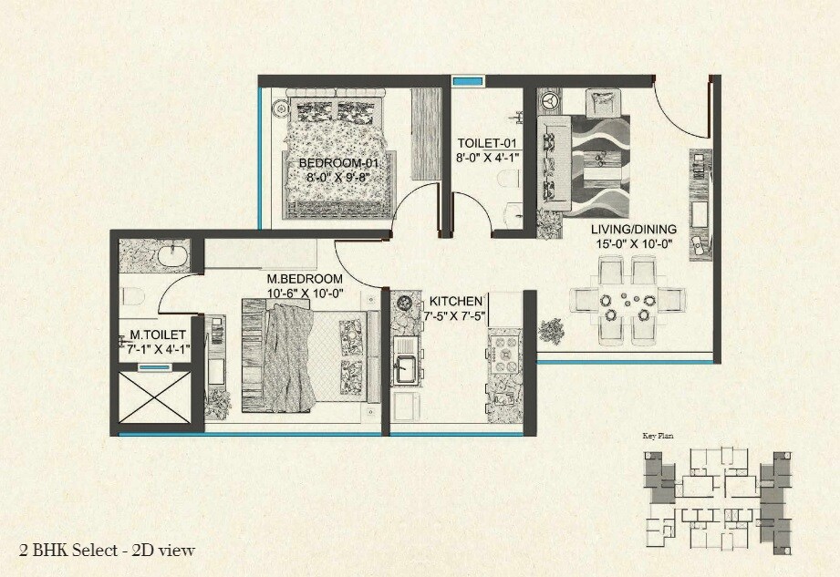 Floor plan of 2 BHK 509 Sq. Ft. Apartment in Level The Residences, Mumbai