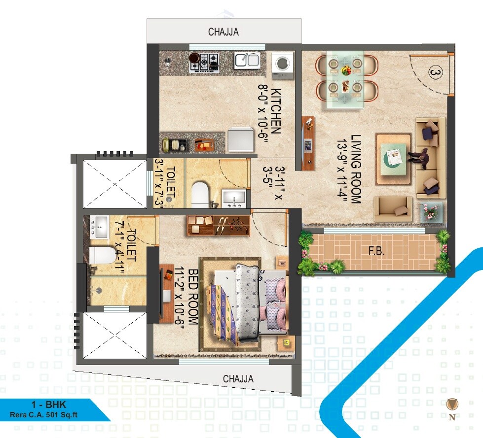 Floor plan of 1 BHK 501 Sq. Ft. Apartment in Liberty Bay Vue, Mumbai