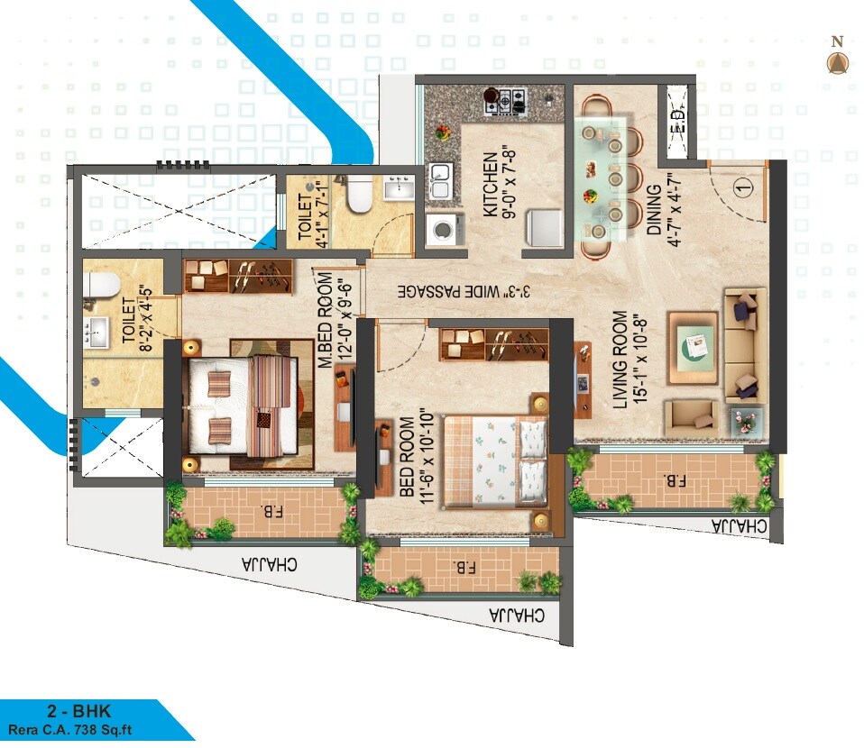 Floor plan of 2 BHK 738 Sq. Ft. Apartment in Liberty Bay Vue, Mumbai