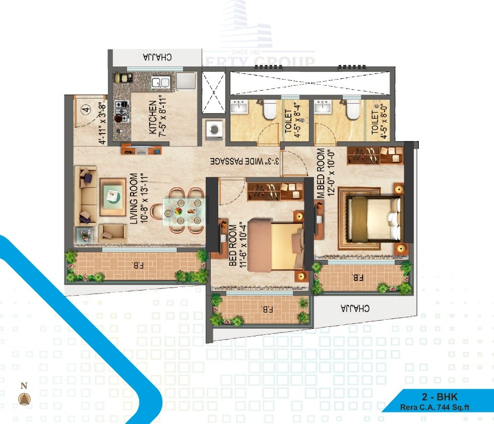 Floor plan of 2 BHK 744 Sq. Ft. Apartment in Liberty Bay Vue, Mumbai