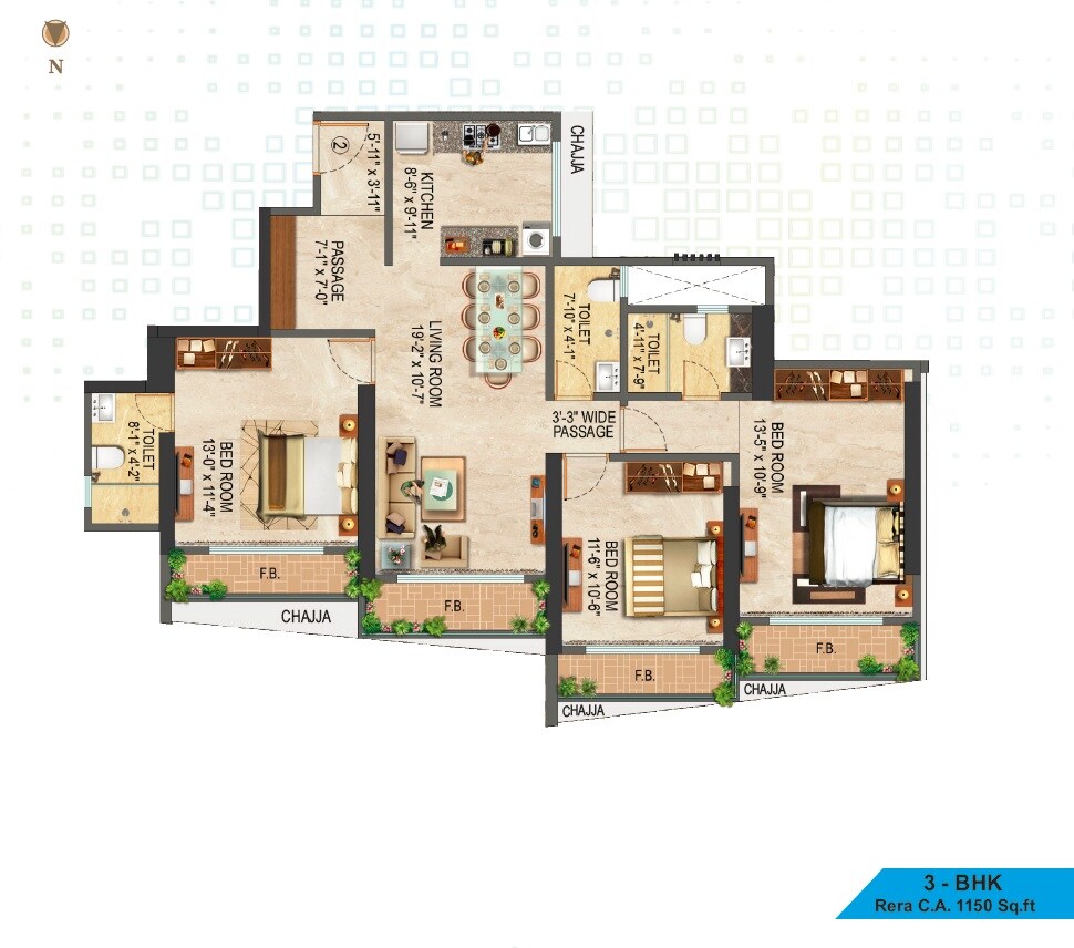 Floor plan of 3 BHK 1150 Sq. Ft. Apartment in Liberty Bay Vue, Mumbai