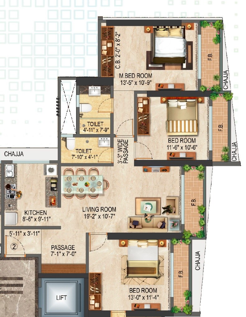 Floor plan of 3 BHK 999 Sq. Ft. Apartment in Liberty Bay Vue, Mumbai