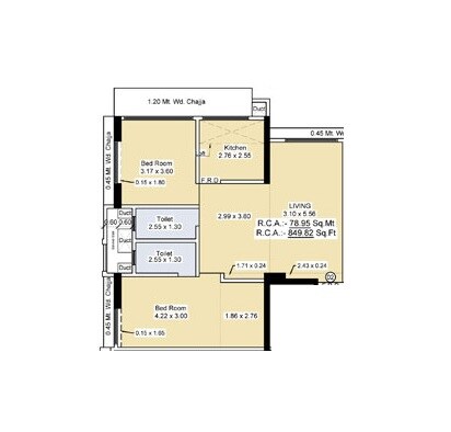 Floor plan of 2 BHK Apartment - 850 sq. ft. in Limra Burj Qadri, Mumbai