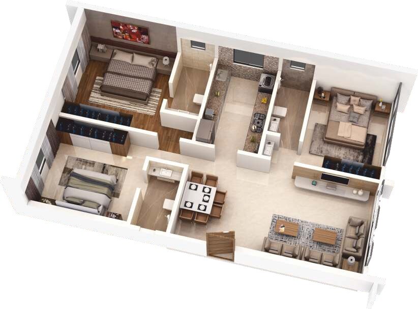 Floor plan of 3 BHK 1044 Sq. Ft. Apartment in LK Umang Heights, Mumbai