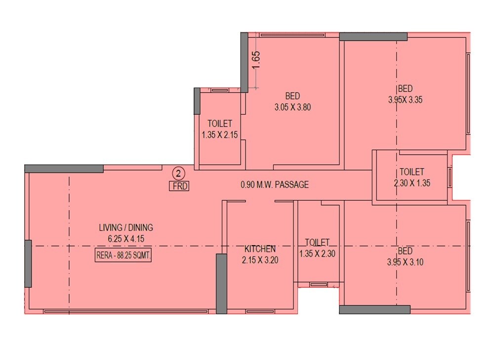 3 BHK 950 Sq. Ft. Apartment