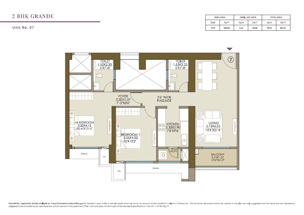 Floor plan of 2 BHK 787 Sq. Ft. Apartment in LnT Ahana, Mumbai