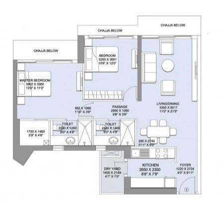 Floor plan of 2 BHK 672 Sq. Ft. Apartment in LnT Crescent Bay T4, Mumbai