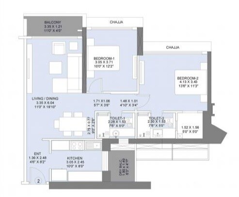 Floor plan of 2 BHK 788 Sq. Ft. Apartment in LnT Crescent Bay T4, Mumbai