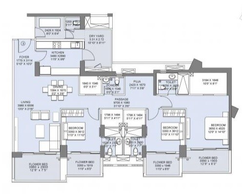 Floor plan of 3 BHK 824 Sq. Ft. Apartment in LnT Crescent Bay T4, Mumbai