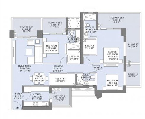 Floor plan of 3 BHK 1041 Sq. Ft. Apartment in LnT Crescent Bay T4, Mumbai