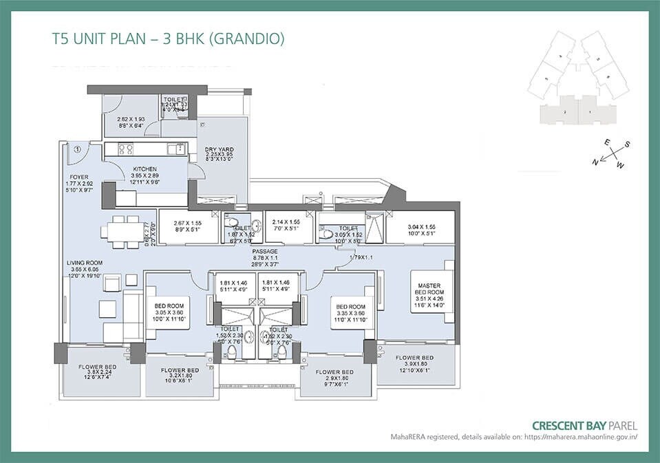 Floor plan of 3 BHK 1041 Sq. Ft. Apartment in LnT Crescent Bay T5, Mumbai