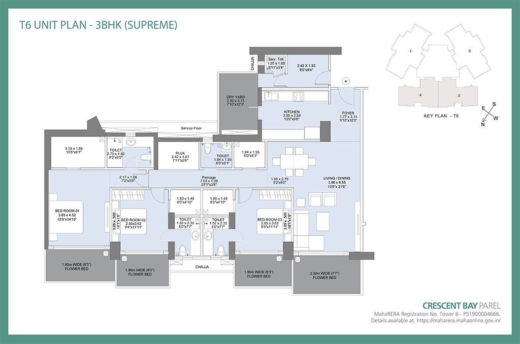 Floor plan of 3 BHK 1041 Sq. Ft. Apartment in LnT Crescent Bay T6, Mumbai