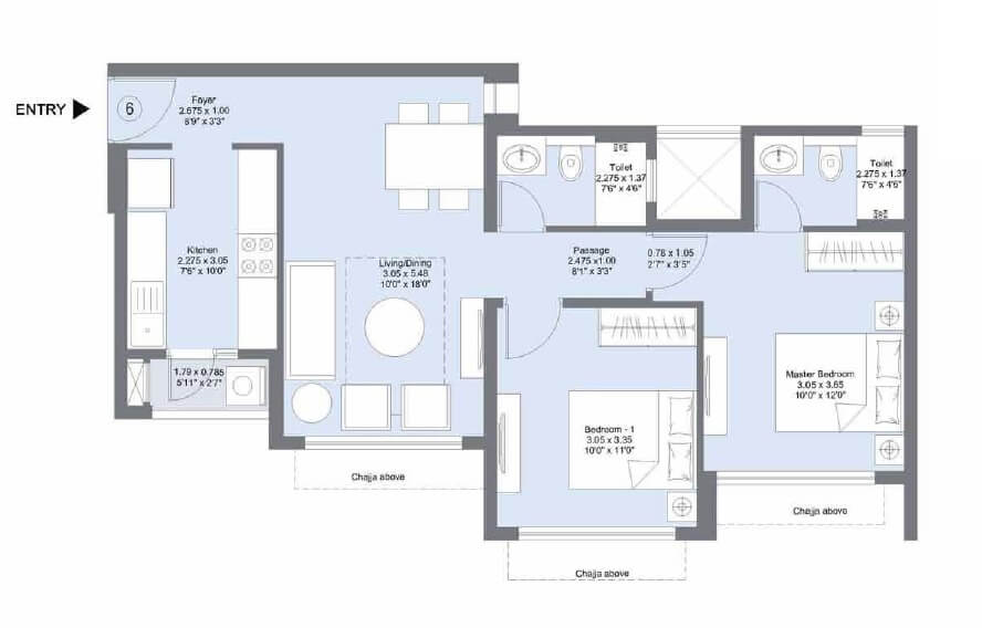 Floor plan of 2 BHK 651 Sq. Ft. Apartment in LnT Emerald Isle Phase II, Mumbai