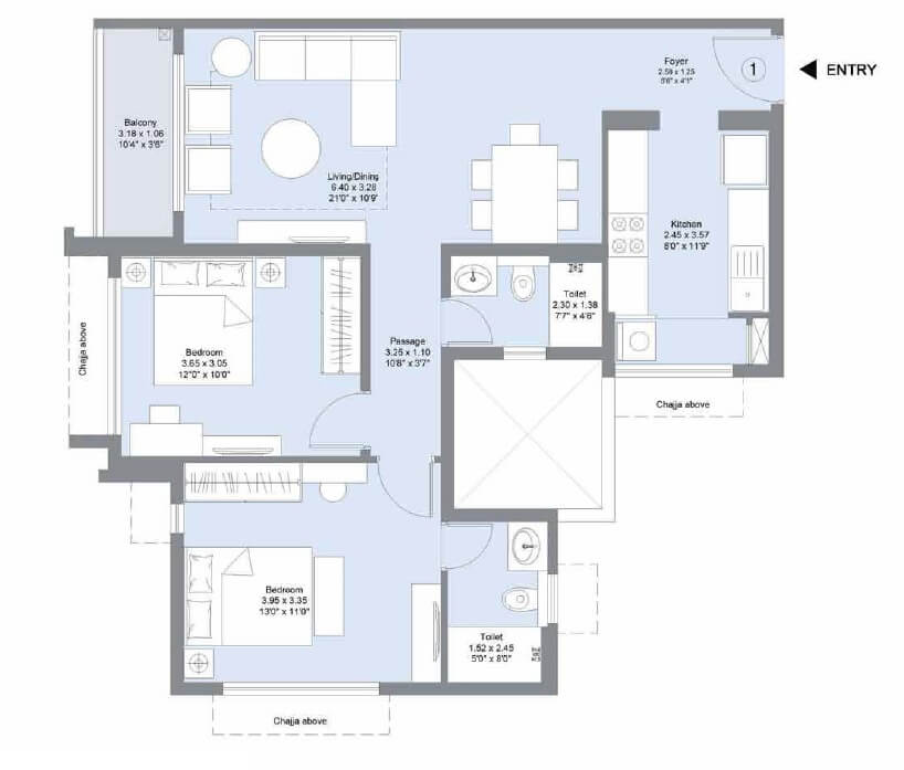 Floor plan of 2 BHK 735 Sq. Ft. Apartment in LnT Emerald Isle Phase II, Mumbai