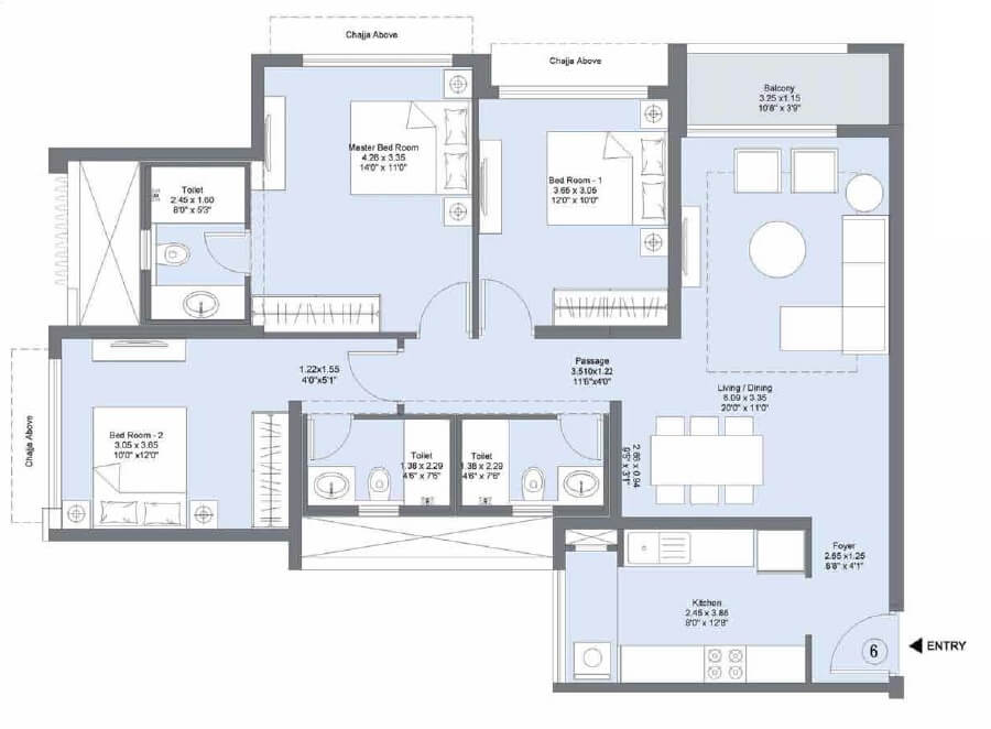 Floor plan of 3 BHK 1020 Sq. Ft. Apartment in LnT Emerald Isle Phase II, Mumbai