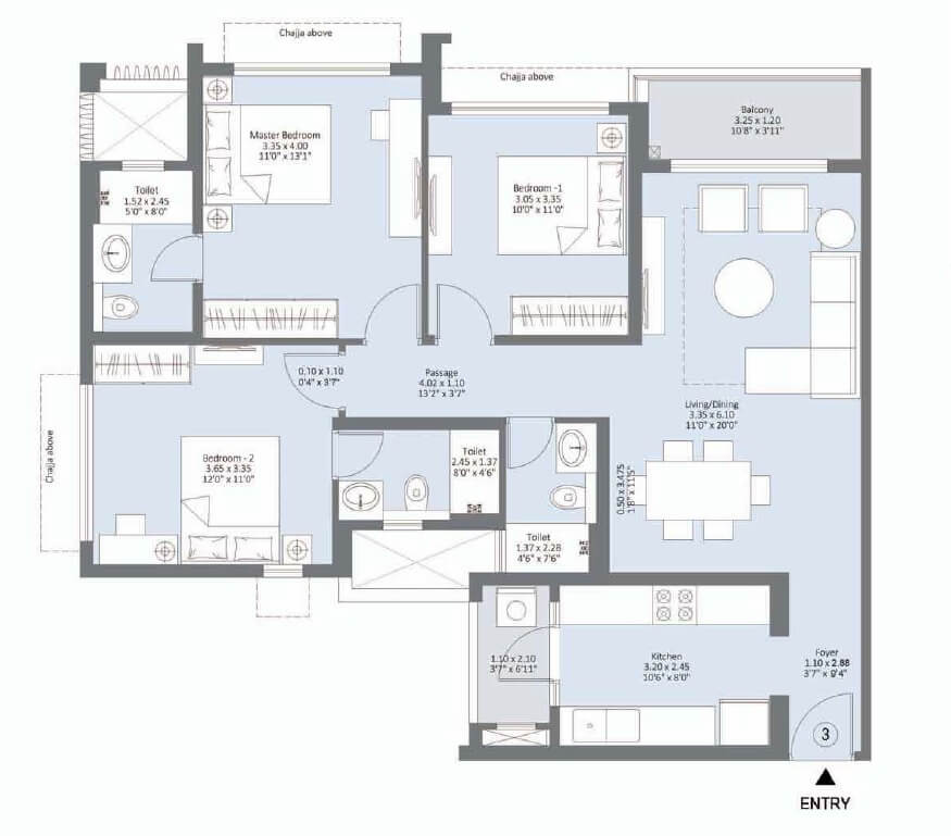 Floor plan of 3 BHK 990 Sq. Ft. Apartment in LnT Emerald Isle Phase II, Mumbai