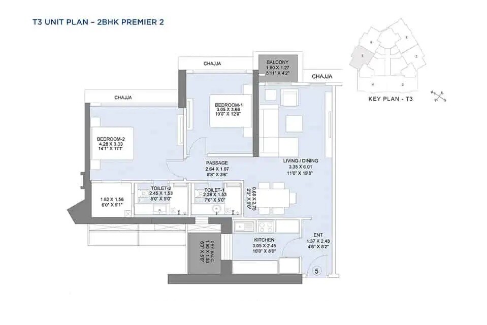 Floor plan of 2 BHK 672 Sq. Ft. Apartment in LnT Realty Crescent Bay, Mumbai