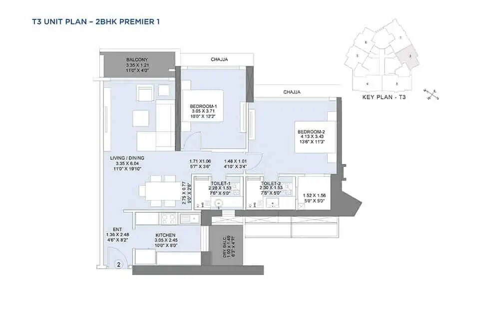 Floor plan of 2 BHK 788 Sq. Ft. Apartment in LnT Realty Crescent Bay, Mumbai