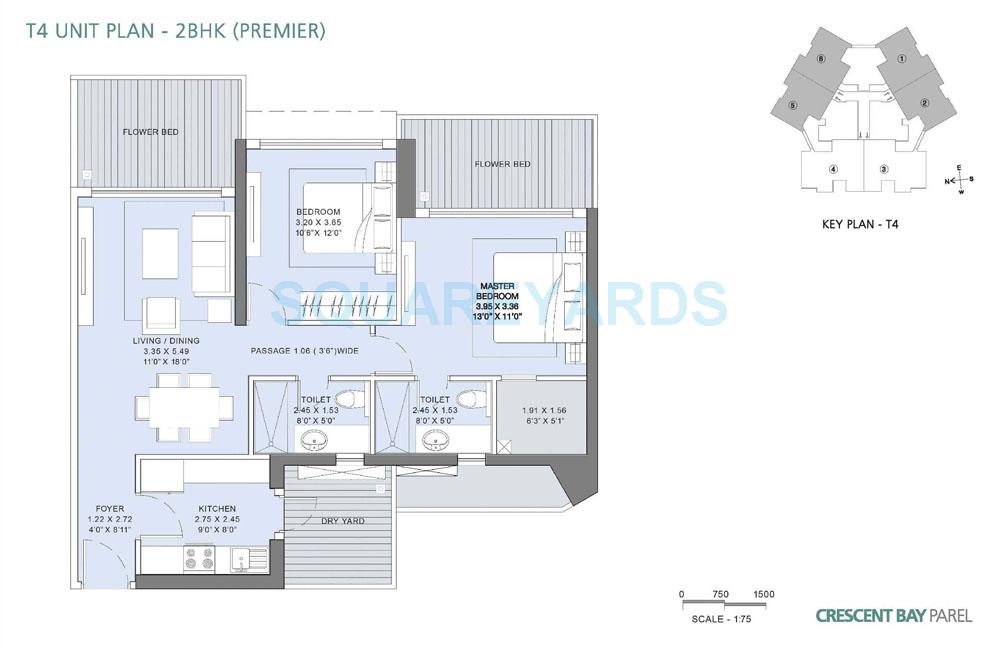 Floor plan of 2 BHK 722 Sq. Ft. Apartment in LnT Realty Crescent Bay, Mumbai