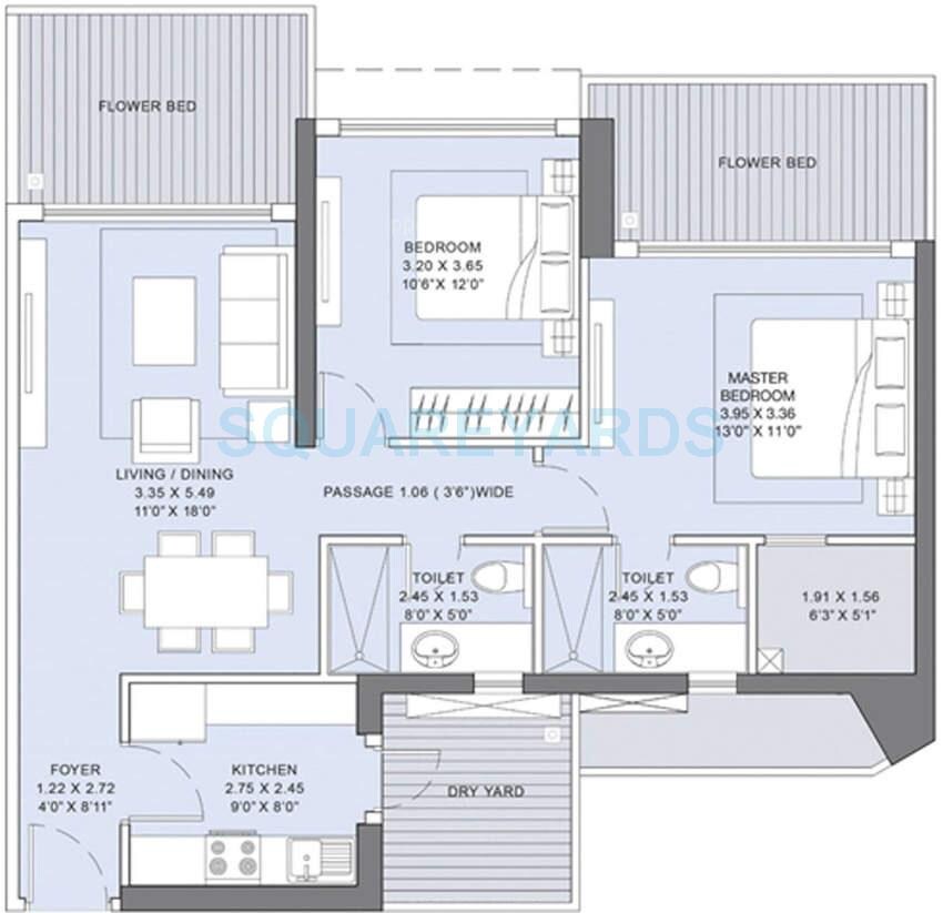 Floor plan of 2 BHK 771 Sq. Ft. Apartment in LnT Realty Crescent Bay, Mumbai