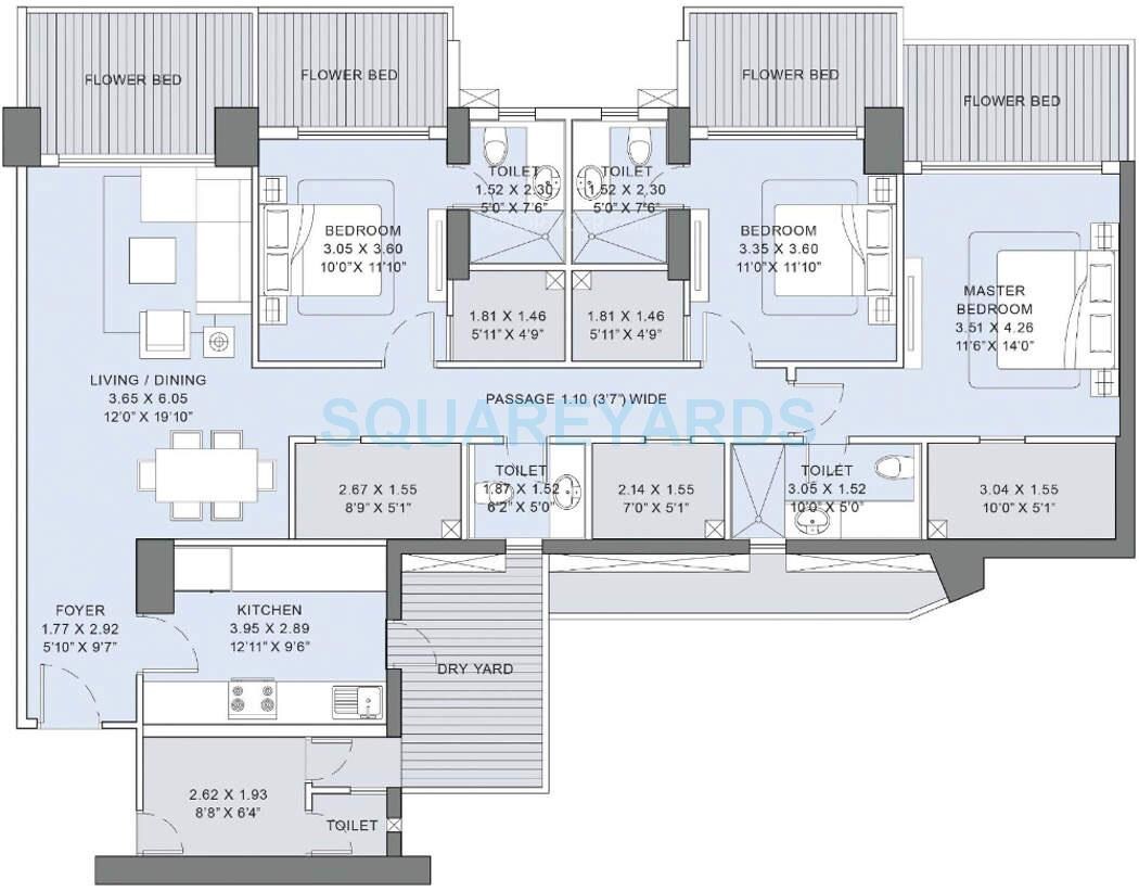 Floor plan of 3 BHK 824 Sq. Ft. Apartment in LnT Realty Crescent Bay, Mumbai