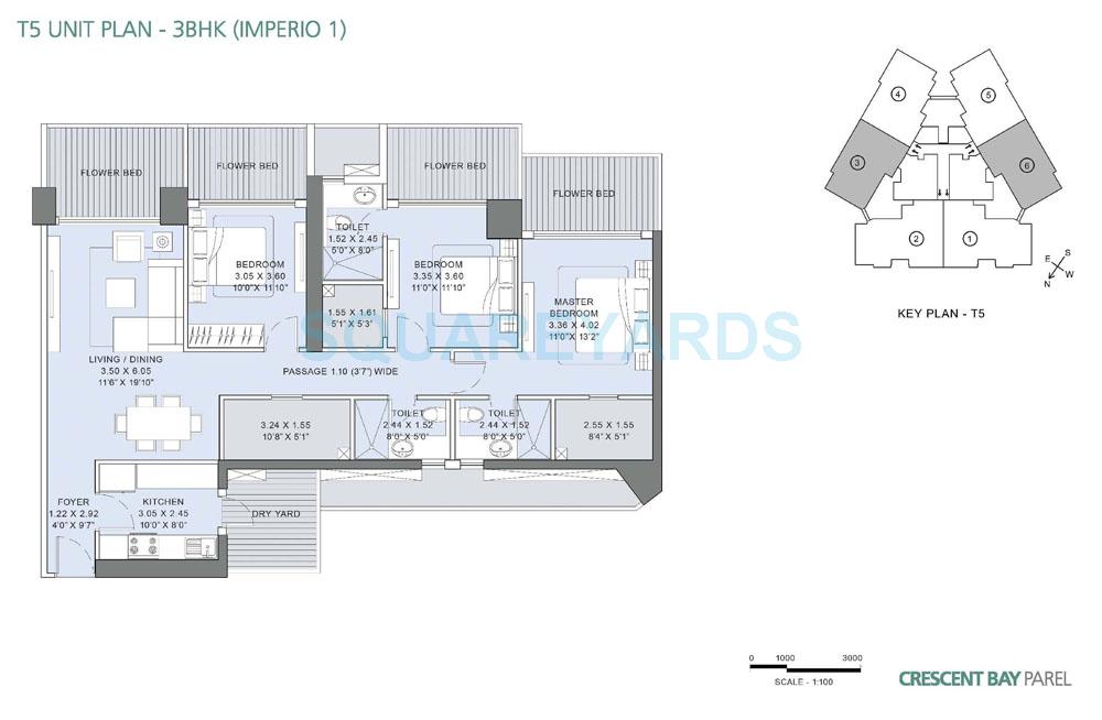 Floor plan of 3 BHK 1041 Sq. Ft. Apartment in LnT Realty Crescent Bay, Mumbai