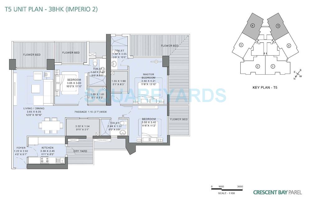 Floor plan of 3 BHK 1422 Sq. Ft. Apartment in LnT Realty Crescent Bay, Mumbai