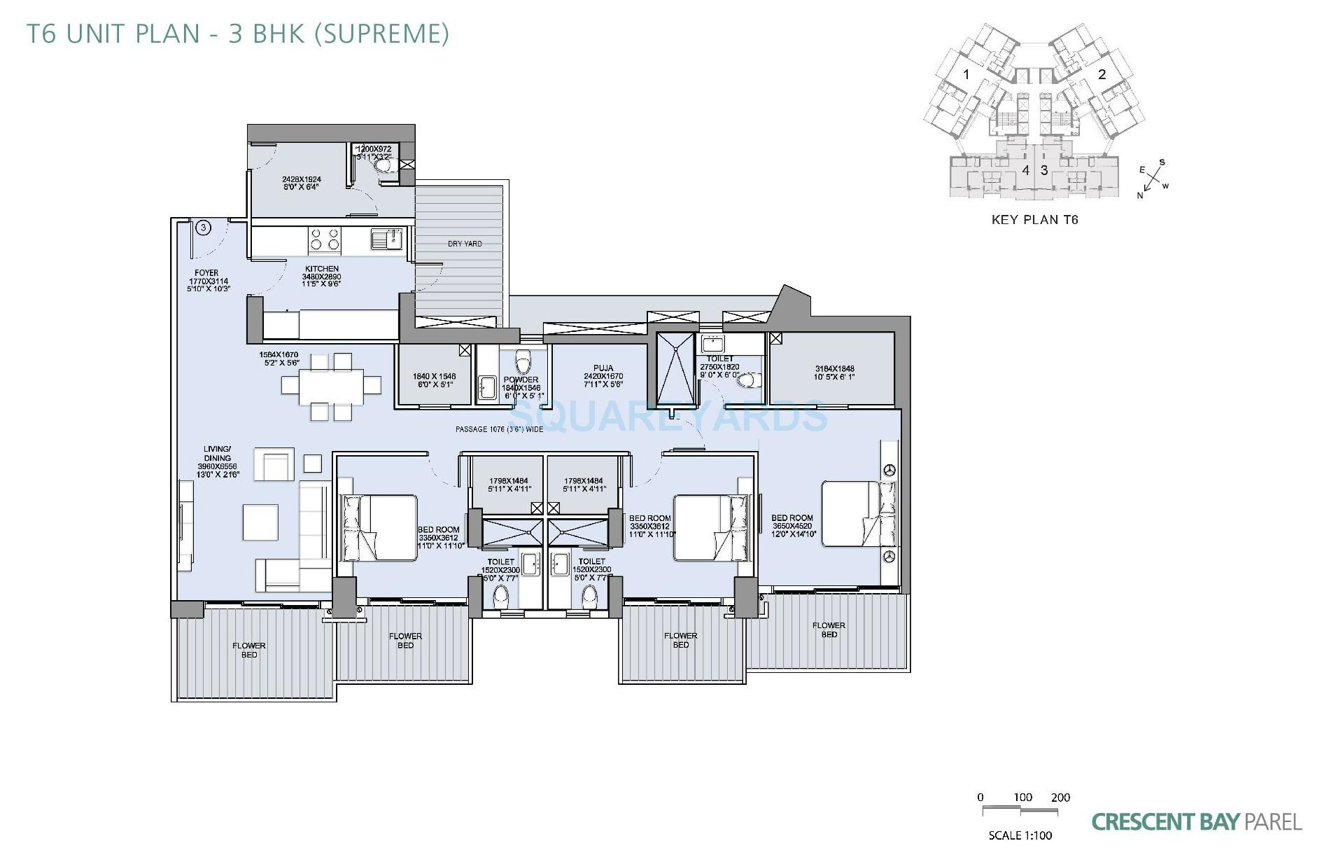 Floor plan of 3 BHK 1205 Sq. Ft. Apartment in LnT Realty Crescent Bay, Mumbai