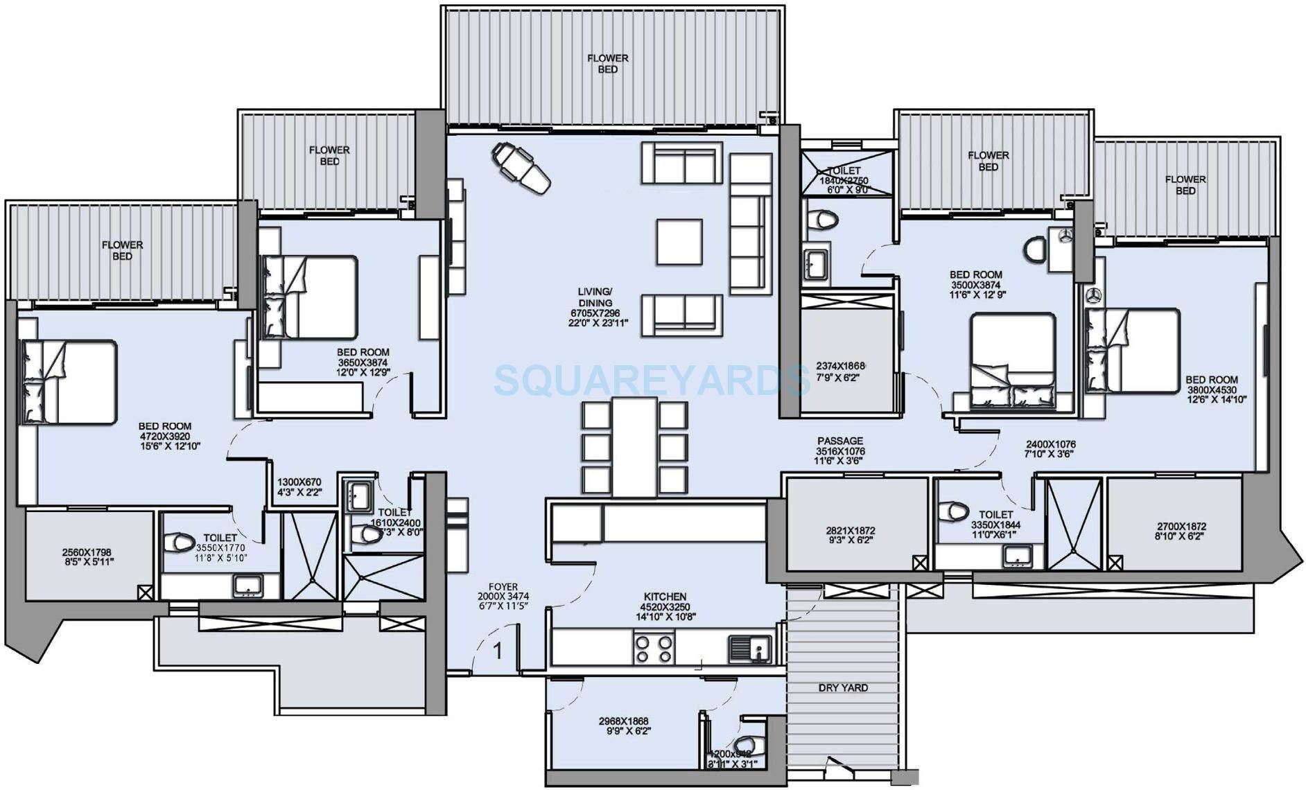 Floor plan of 4 BHK 2107 Sq. Ft. Apartment in LnT Realty Crescent Bay, Mumbai
