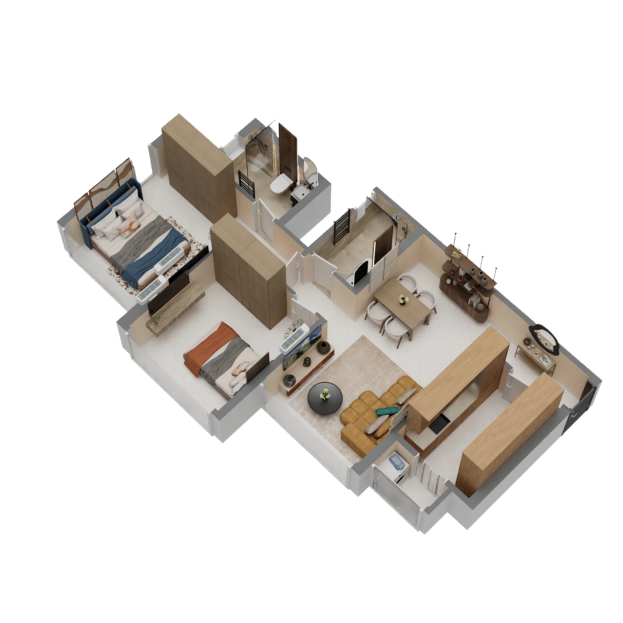 Floor plan of 2 BHK 734 Sq. Ft. Apartment in LnT Realty Emerald Isle, Mumbai