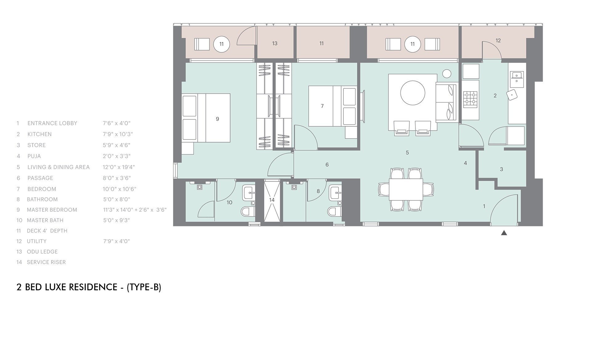 Floor plan of 2 BHK 734 Sq. Ft. Apartment in Lodha Altia, Mumbai