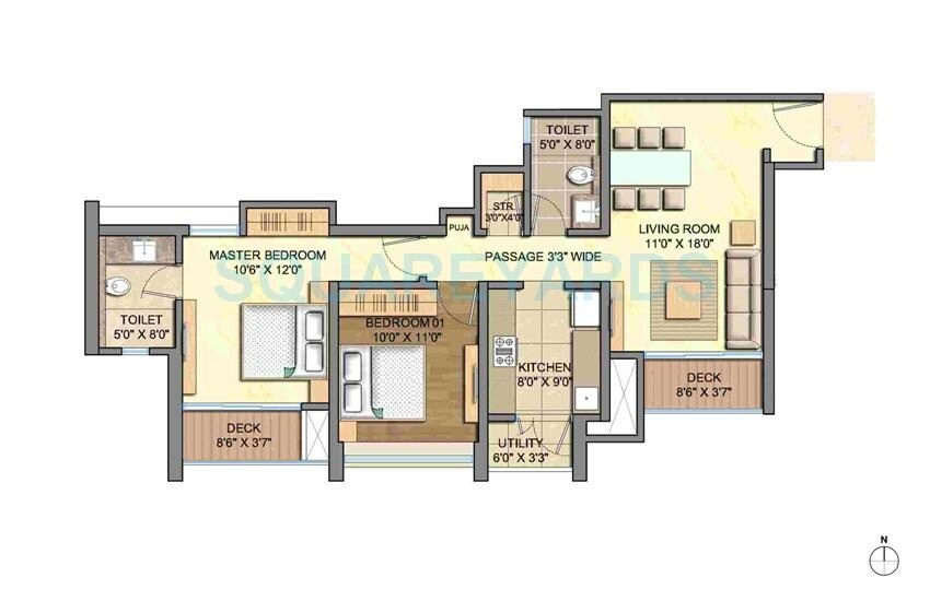 Floor plan of 2 BHK 1197 Sq. Ft. Apartment in Lodha Augusta, Mumbai