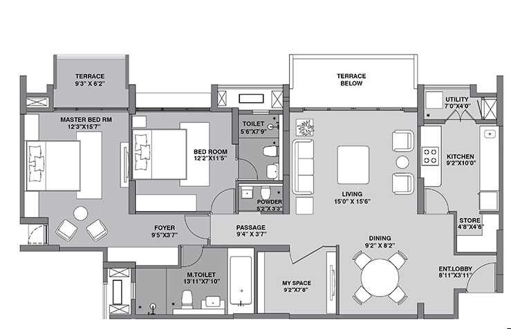 Floor plan of 2 BHK 1404 Sq. Ft. Apartment in Lodha Augusta, Mumbai