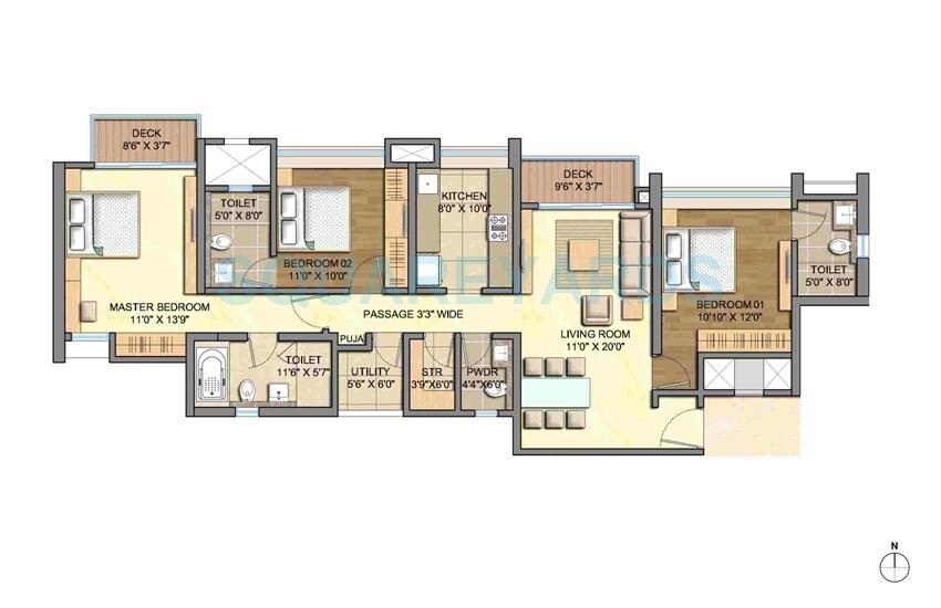 Floor plan of 3 BHK 1692 Sq. Ft. Apartment in Lodha Augusta, Mumbai