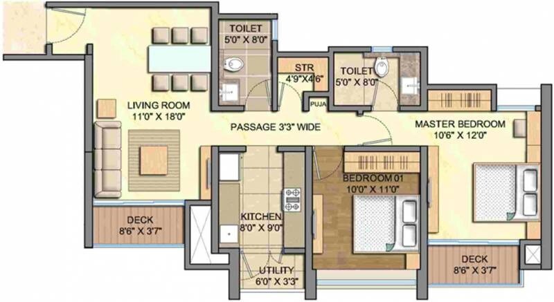 Floor plan of 2 BHK 1015 Sq. Ft. Apartment in Lodha Aurum, Mumbai