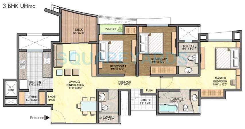 Floor plan of 3 BHK 1400 Sq. Ft. Apartment in Lodha Aurum, Mumbai