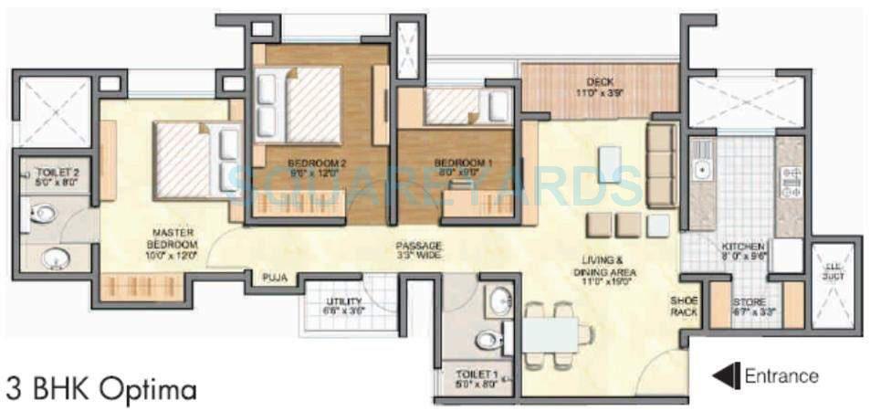 Floor plan of 3 BHK 1431 Sq. Ft. Apartment in Lodha Aurum, Mumbai